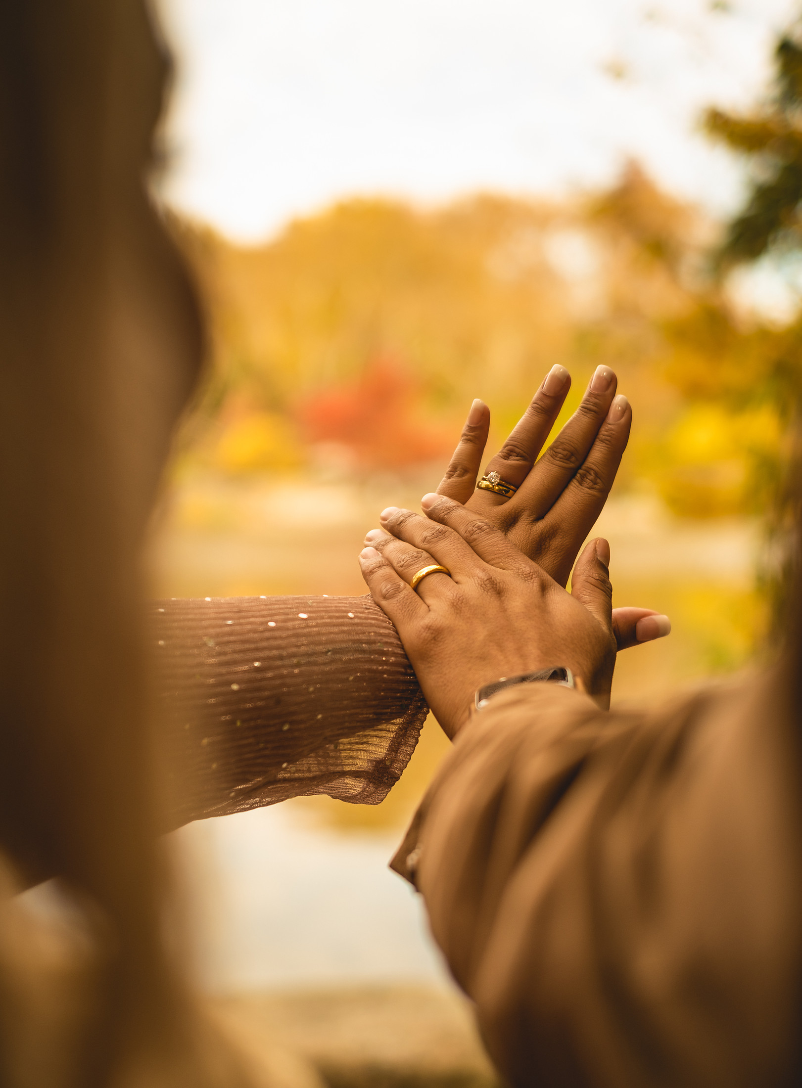 A hand with an engagement ring raised against autumn trees