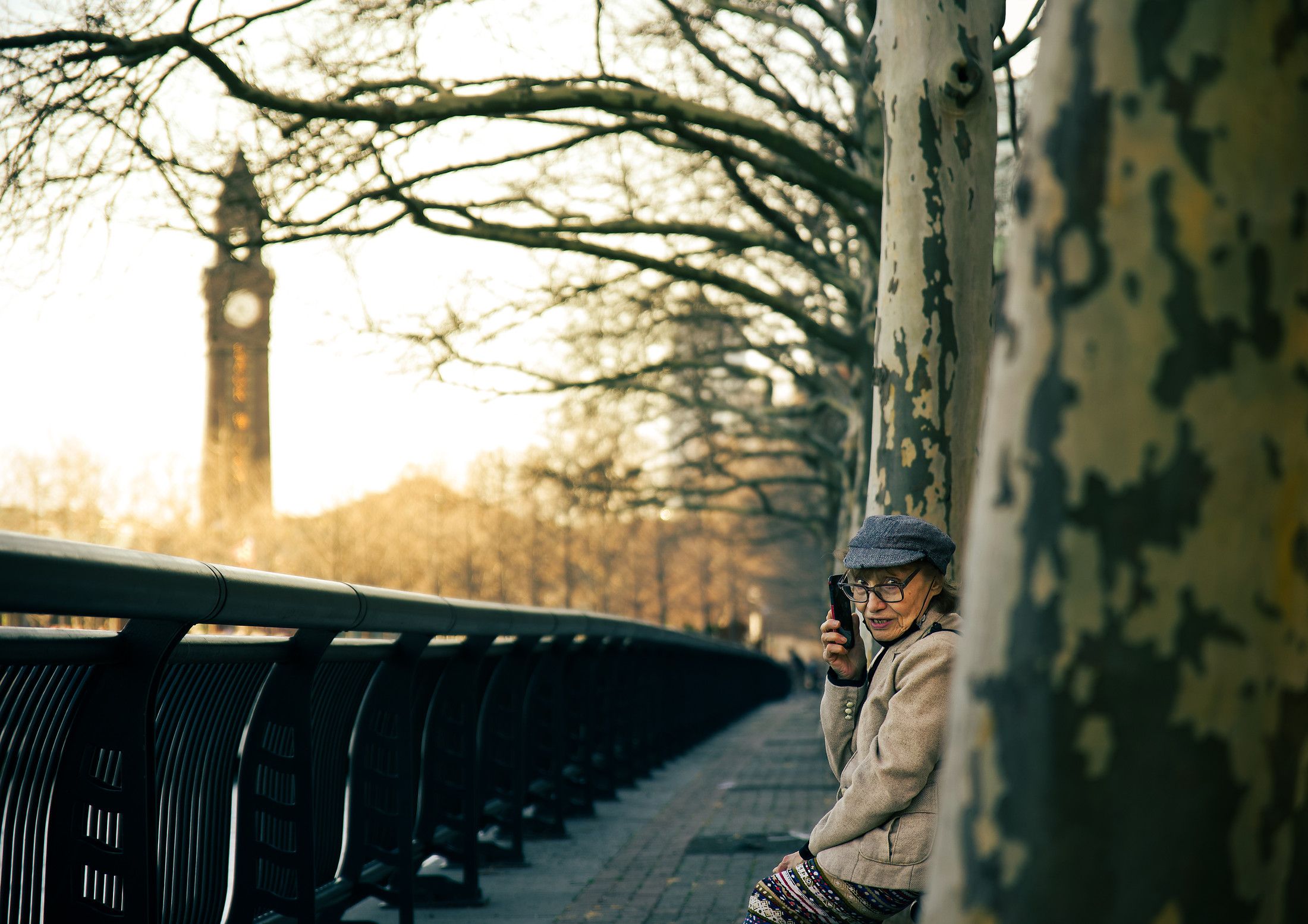 An older woman on the phone on a park bench at golden hour, plane tree and a clock tower behind her